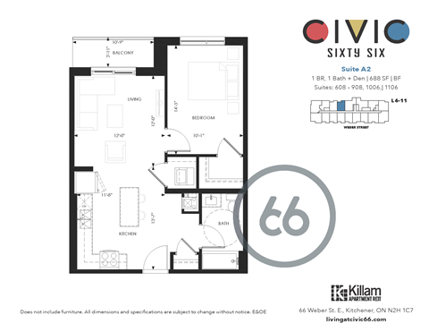 Floor plan for 1 bed, 1 bath, 688 sqft